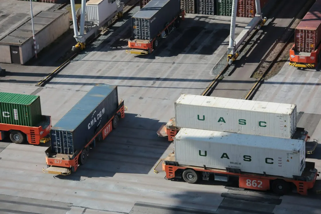 Intermodal freight containers at a logistics yard